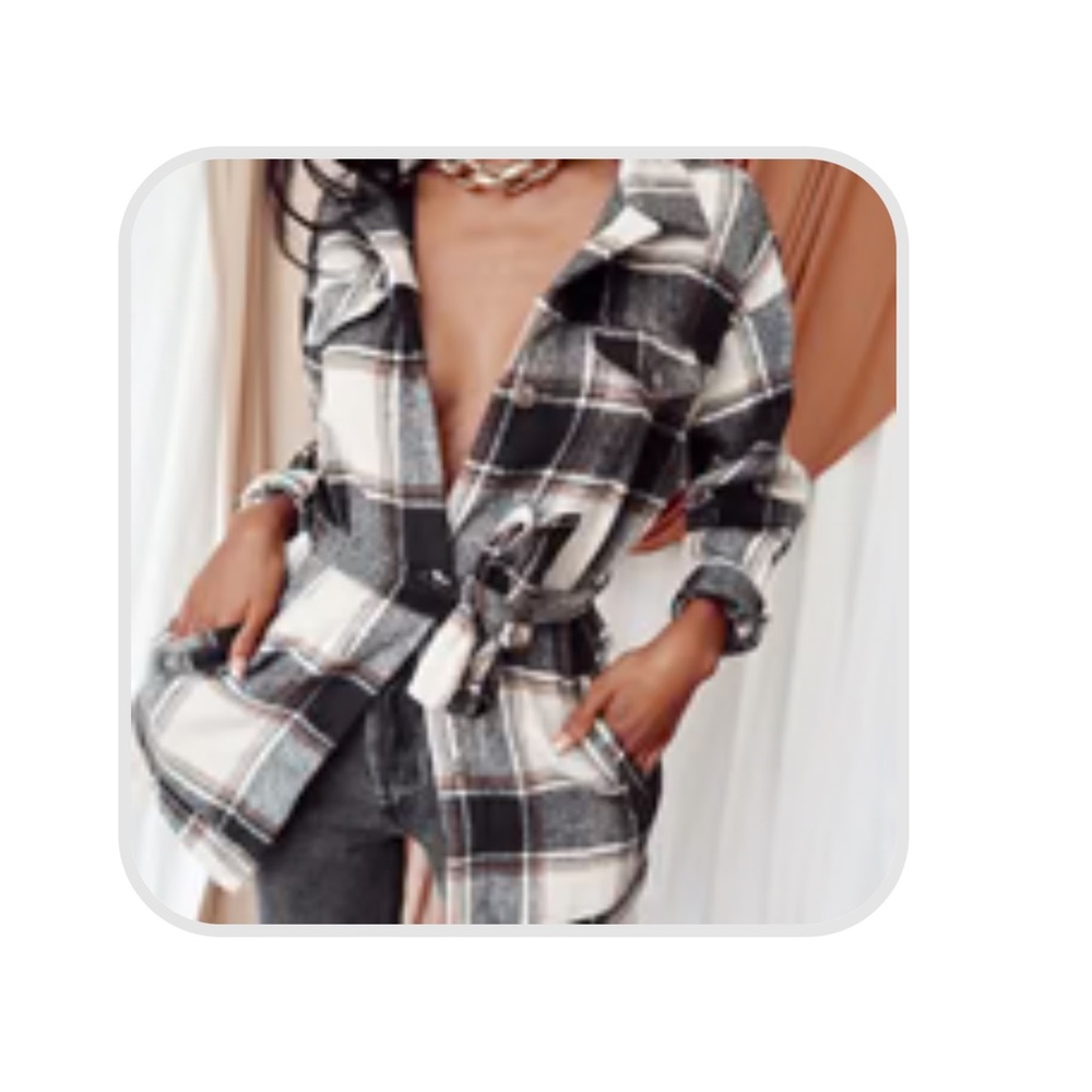 12th Tribe Black & Cream Plaid Belted Shacket / Jacket